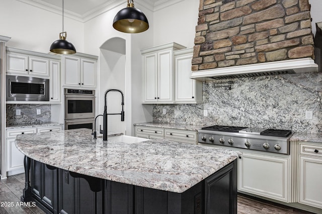 kitchen featuring crown molding, decorative backsplash, appliances with stainless steel finishes, a sink, and an island with sink