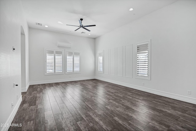 unfurnished room with ceiling fan, dark wood-type flooring, and recessed lighting