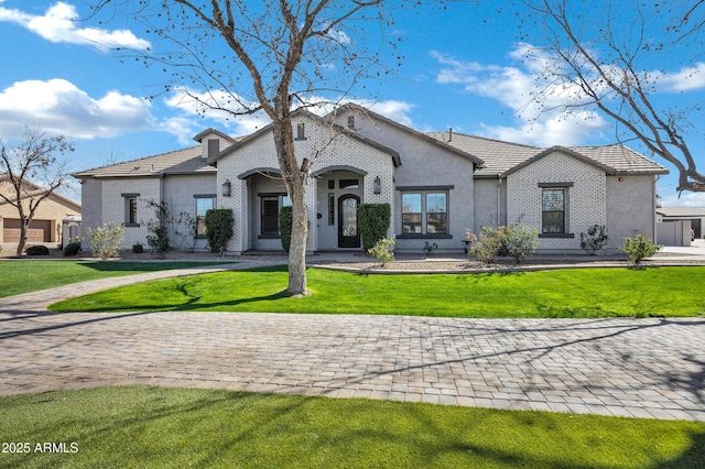 view of front of home featuring a tiled roof, a front lawn, and stucco siding