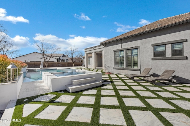 view of swimming pool featuring a fenced in pool, a patio, an outdoor hot tub, entry steps, and fence