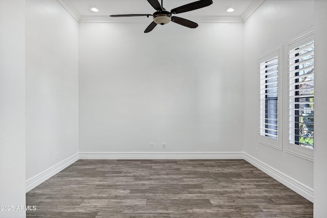 unfurnished room featuring ornamental molding, recessed lighting, wood finished floors, and baseboards