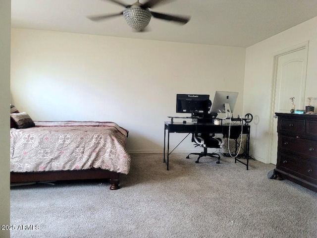 bedroom with ceiling fan and light colored carpet