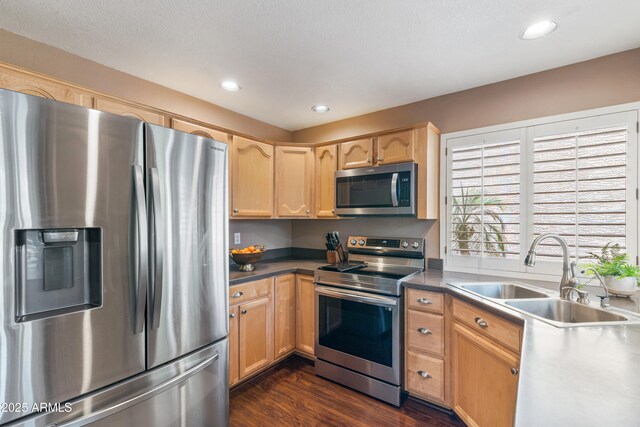 67 W Sarah Ln, Tempe, AZ 85284 - kitchen featuring stainless steel appliances, a sink, dark wood finished floors, light brown cabinetry, and recessed lighting