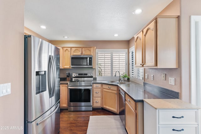 67 W Sarah Ln, Tempe, AZ 85284 - kitchen with stainless steel appliances, a sink, light brown cabinetry, recessed lighting, and a textured ceiling
