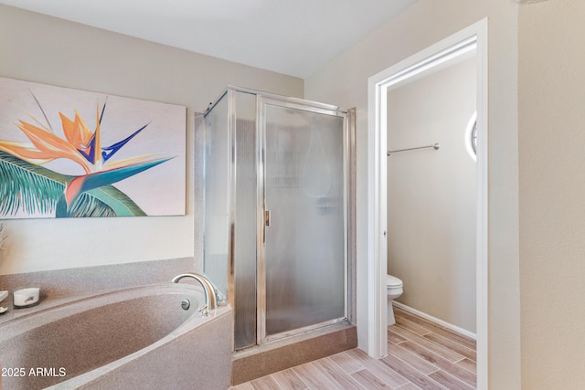 67 W Sarah Ln, Tempe, AZ 85284 - bathroom featuring a stall shower, a bath, toilet, and wood tiled floors