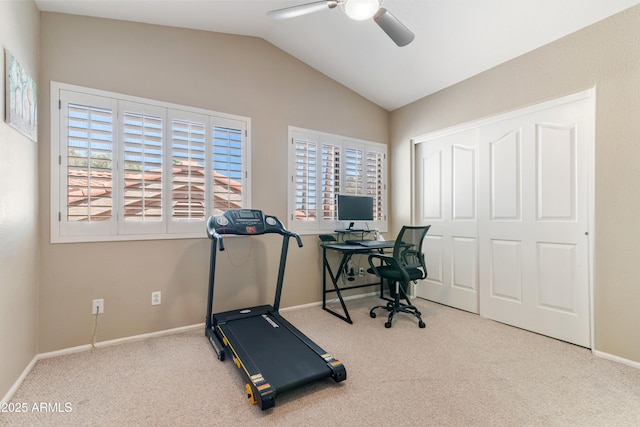 67 W Sarah Ln, Tempe, AZ 85284 - exercise area featuring ceiling fan, carpet, healthy amount of natural light, and vaulted ceiling