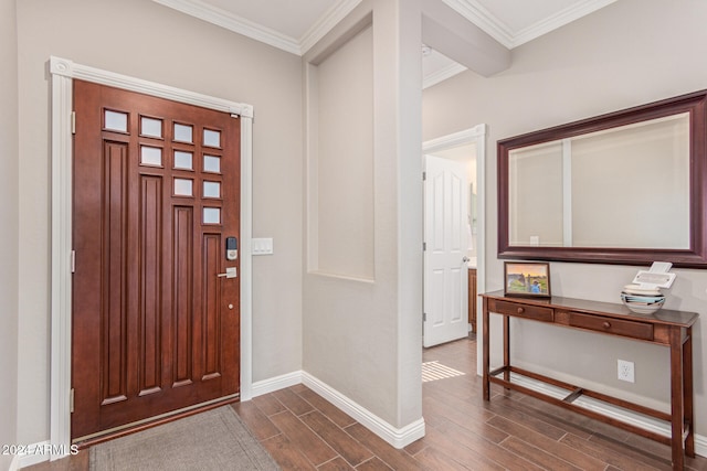 entryway with crown molding and dark hardwood / wood-style flooring