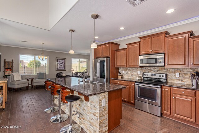 kitchen with dark wood-type flooring, appliances with stainless steel finishes, and an island with sink