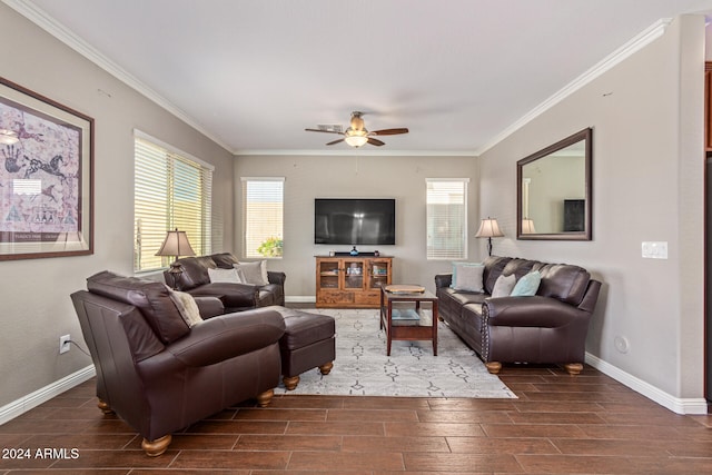 living room featuring dark hardwood / wood-style flooring, ceiling fan, and crown molding