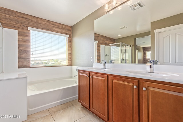 bathroom with vanity, tile patterned floors, and separate shower and tub