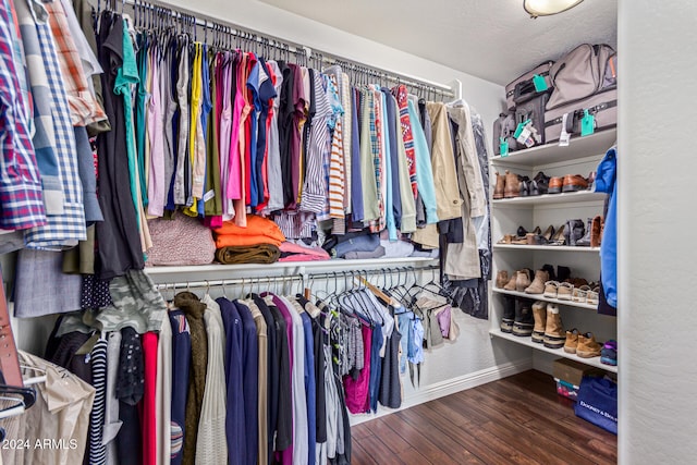 spacious closet with dark hardwood / wood-style flooring