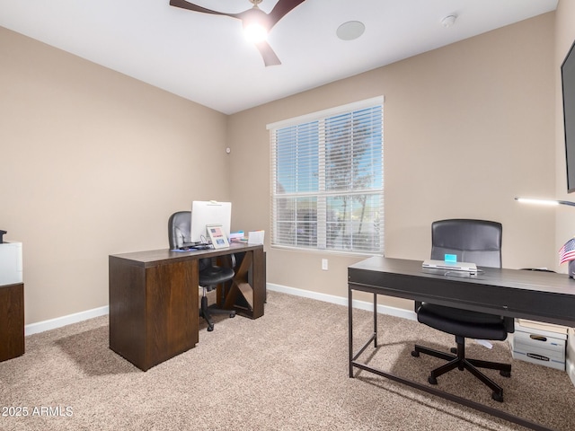 office with ceiling fan and light colored carpet