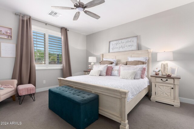 carpeted bedroom featuring ceiling fan