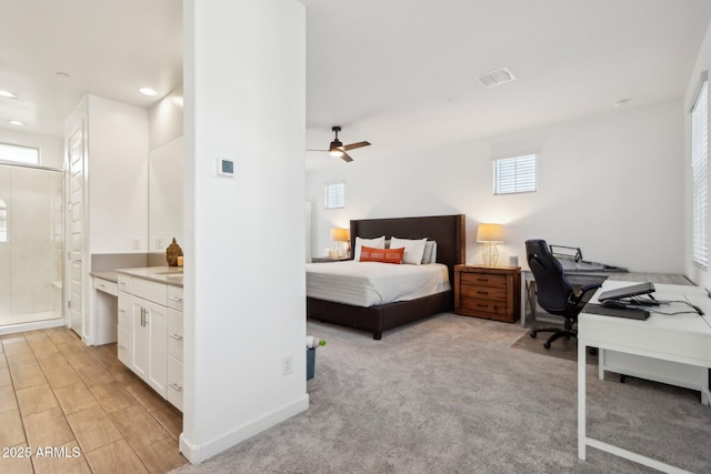 bedroom with an office area, recessed lighting, baseboards, and a ceiling fan