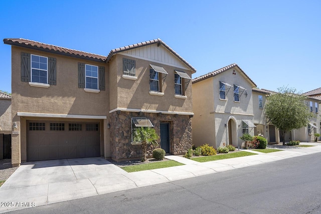 4242 E Erie St, Gilbert, AZ 85295 - view of front facade featuring a garage, stucco siding, driveway, stone siding, and a tiled roof