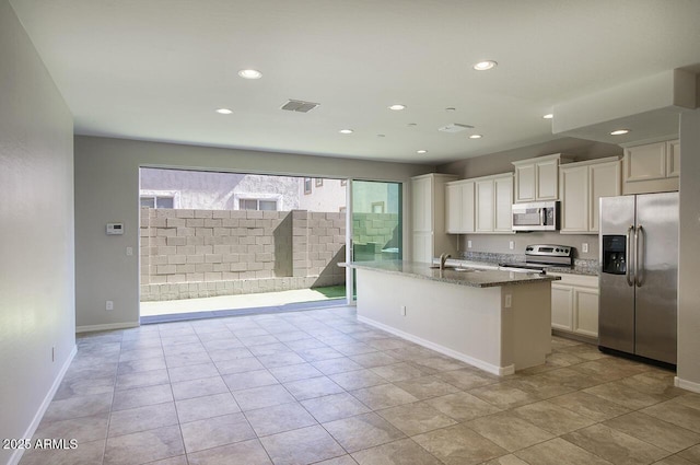 4242 E Erie St, Gilbert, AZ 85295 - kitchen featuring appliances with stainless steel finishes, a sink, white cabinets, dark stone countertops, and recessed lighting