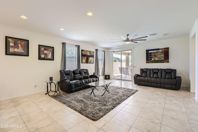 7665 W Fetlock Trl, Peoria, AZ 85383 - living room featuring a ceiling fan, recessed lighting, and light tile patterned floors