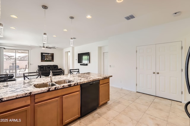 7665 W Fetlock Trl, Peoria, AZ 85383 - kitchen featuring dishwasher, pendant lighting, light stone countertops, a ceiling fan, and recessed lighting