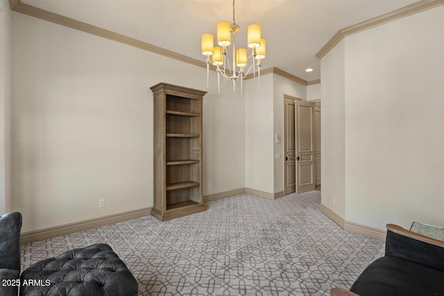 interior space with crown molding, an inviting chandelier, and light carpet