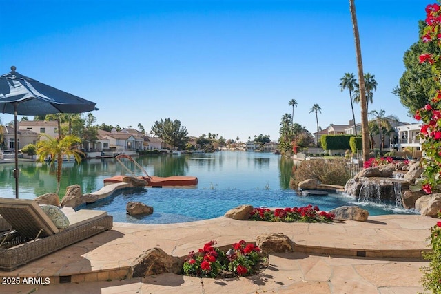 view of pool with a water view