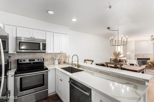 kitchen featuring a peninsula, a sink, stainless steel appliances, white cabinetry, and tasteful backsplash