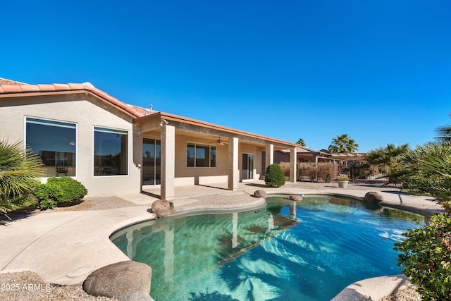 view of swimming pool featuring a patio area and ceiling fan