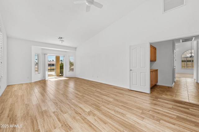 unfurnished living room featuring ceiling fan and light hardwood / wood-style floors