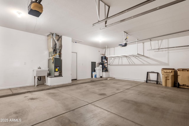 garage featuring a garage door opener, gas water heater, and heating unit