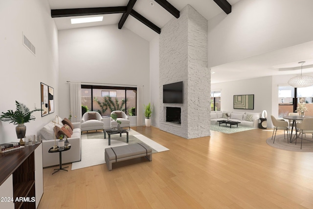 living room featuring high vaulted ceiling, light wood-type flooring, beamed ceiling, and a stone fireplace