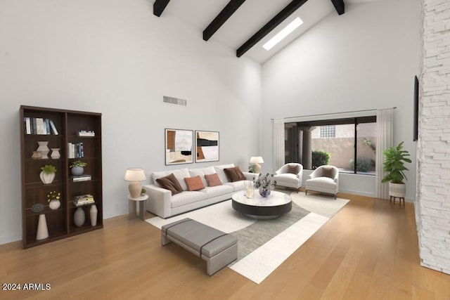 living room featuring light wood-type flooring, beam ceiling, and high vaulted ceiling