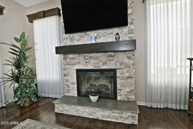 room details with hardwood / wood-style flooring and a stone fireplace