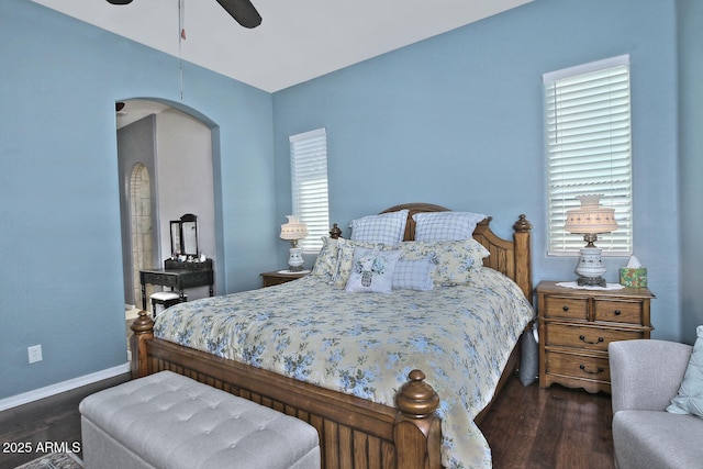 bedroom featuring dark wood-type flooring and ceiling fan