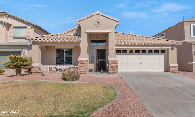 view of front of property featuring stone siding, concrete driveway, and stucco siding