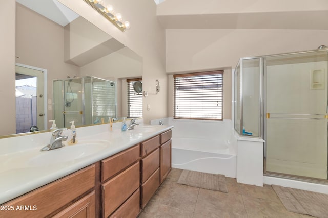 full bathroom with a garden tub, tile patterned flooring, a sink, and a shower stall