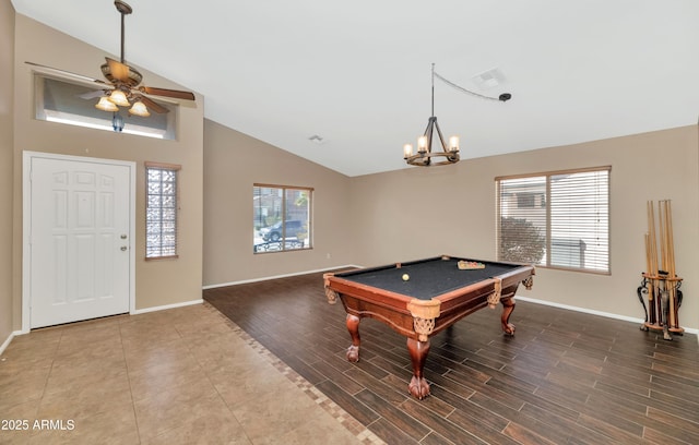 recreation room featuring lofted ceiling, visible vents, baseboards, and wood finished floors