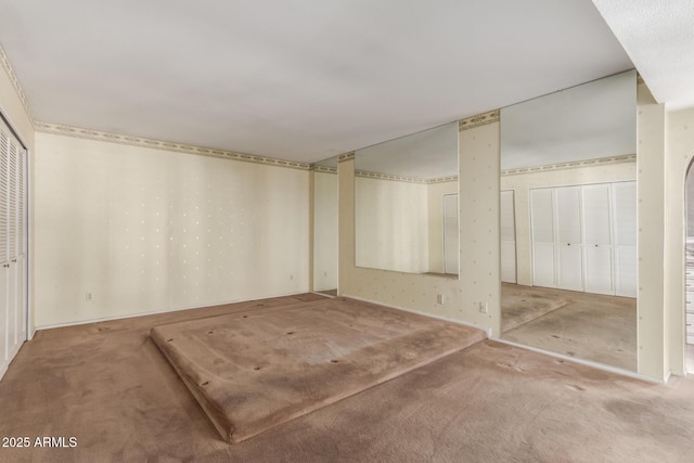 unfurnished bedroom with carpet floors and two closets