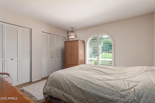 bedroom with multiple closets and carpet flooring