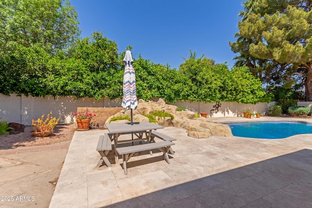 view of swimming pool featuring a patio area, a fenced backyard, and outdoor dining space