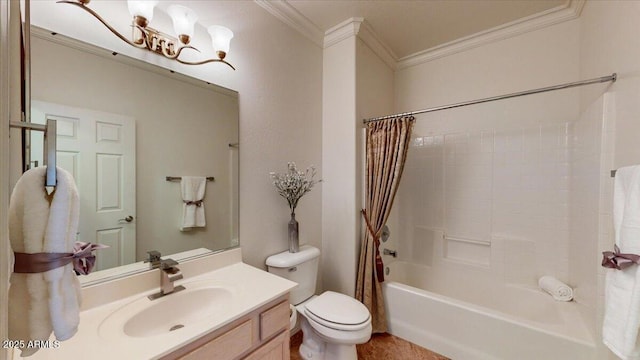 full bathroom featuring ornamental molding, toilet, vanity, and shower / bath combo