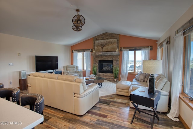 1420 S Haystack Rd, Taylor, AZ 85939 - living area featuring lofted ceiling, wood finished floors, and a large fireplace