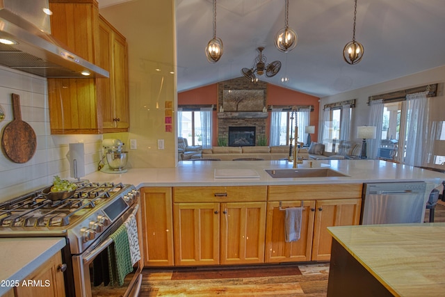1420 S Haystack Rd, Taylor, AZ 85939 - kitchen with wall chimney exhaust hood, appliances with stainless steel finishes, open floor plan, healthy amount of natural light, and lofted ceiling