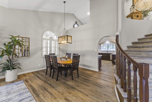 dining room featuring a towering ceiling and dark hardwood / wood-style flooring