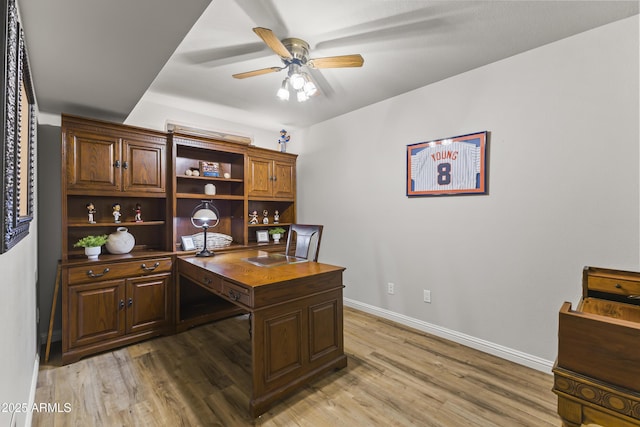 home office with ceiling fan and light wood-type flooring