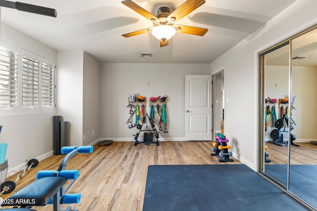 exercise area featuring ceiling fan and hardwood / wood-style floors