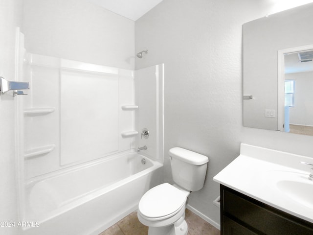 full bathroom with bathtub / shower combination, tile patterned floors, vanity, and toilet