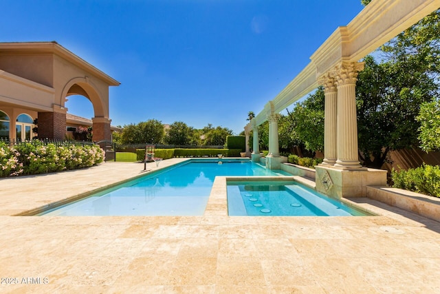 view of pool featuring a fenced in pool, a patio area, and fence