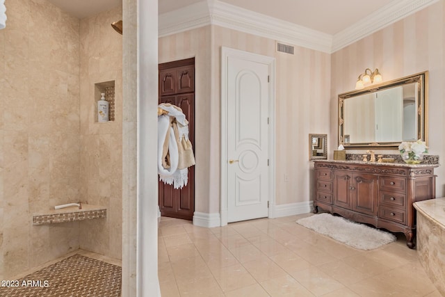 full bath featuring baseboards, visible vents, ornamental molding, walk in shower, and vanity