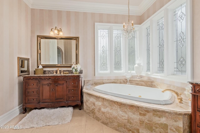 bathroom featuring wallpapered walls, a garden tub, tile patterned flooring, crown molding, and vanity