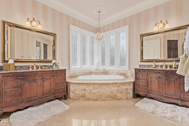 full bathroom with ornamental molding, two vanities, a bath, and wallpapered walls