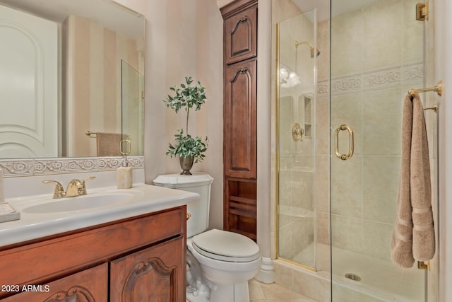 full bath featuring tile patterned floors, a shower stall, toilet, and vanity